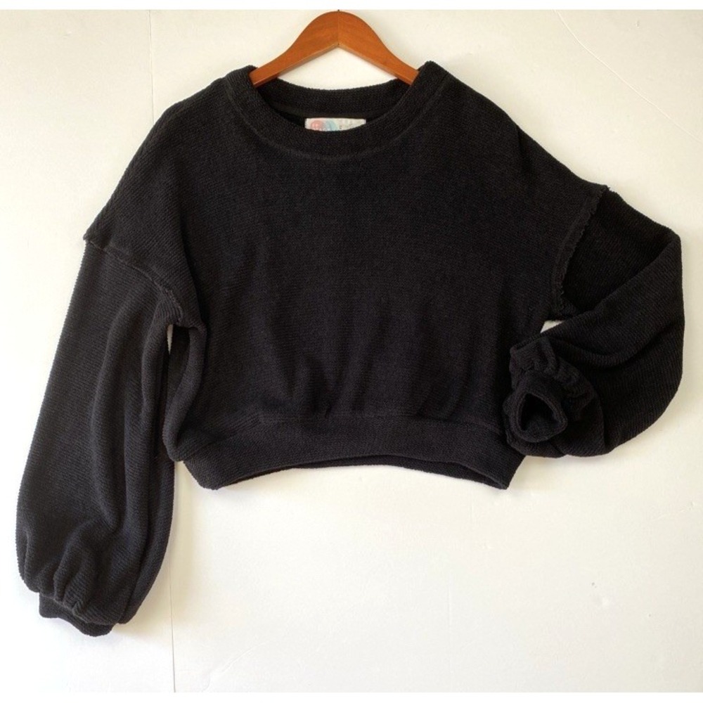Free People Beach Womens Textured Cropped Balloon Sleeve Sweatshirt Size XS Boho